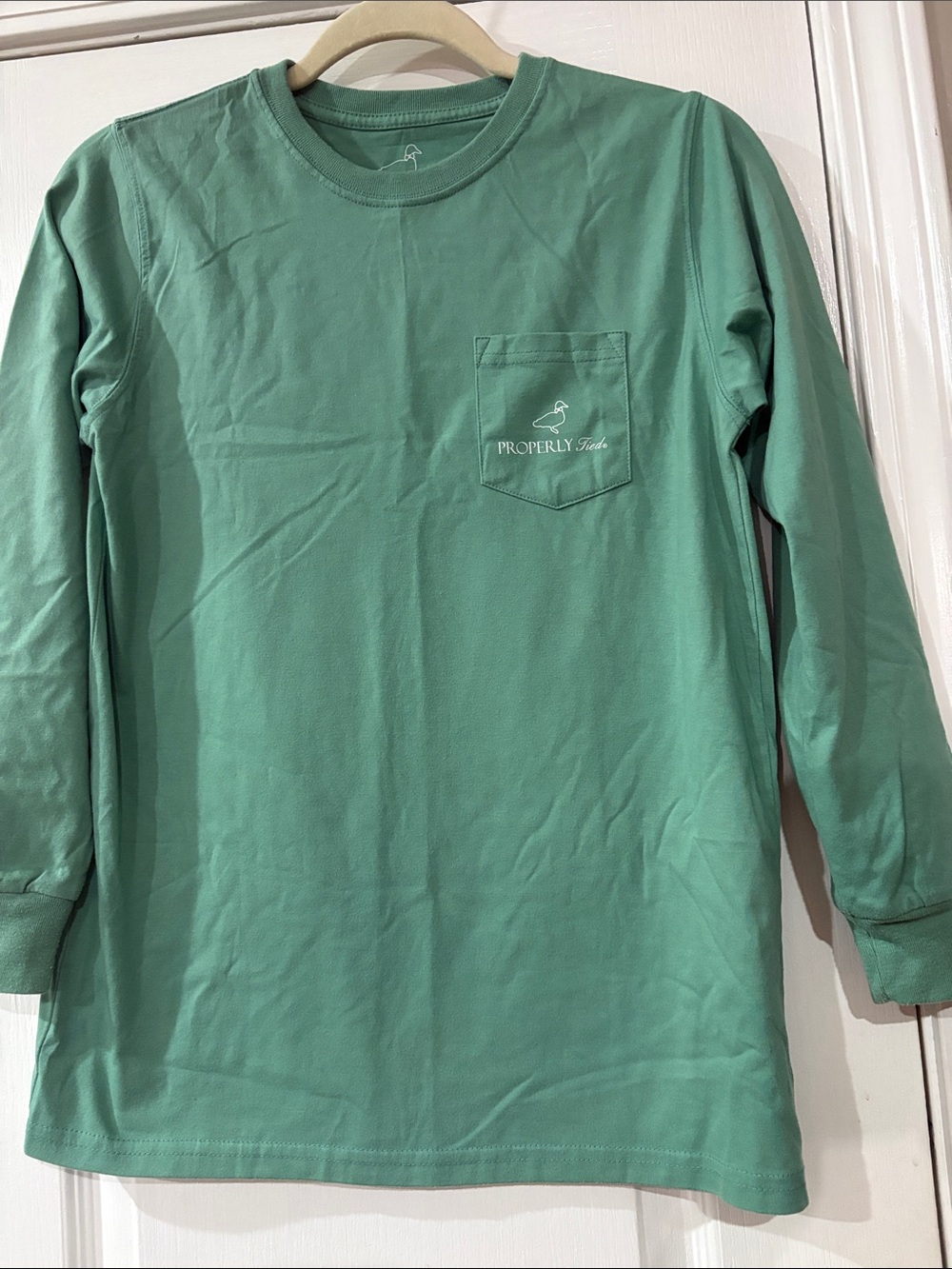 Properly Tied Kids' Long Sleeve Pocket Tee - Seafoam. Fall design on back